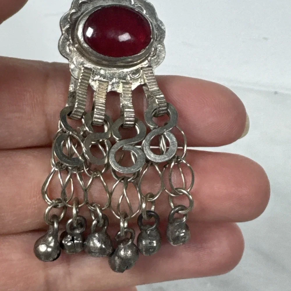 Vintage coin silver kuchi tribal afghan button cover with red Stone